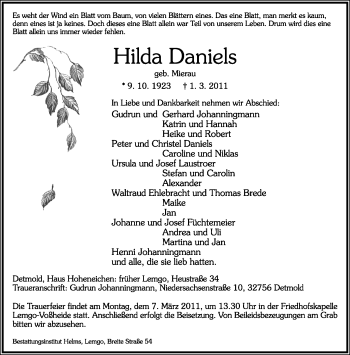 Anzeige  Hilda Daniels  Lippische Landes-Zeitung