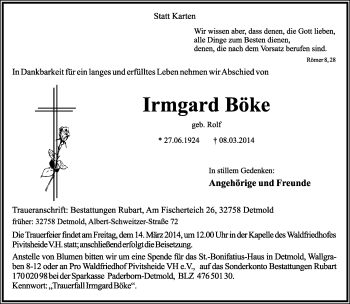Anzeige  Irmgard Böke  Lippische Landes-Zeitung