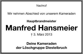 Anzeige  Manfred Hansmeier  Lippische Landes-Zeitung