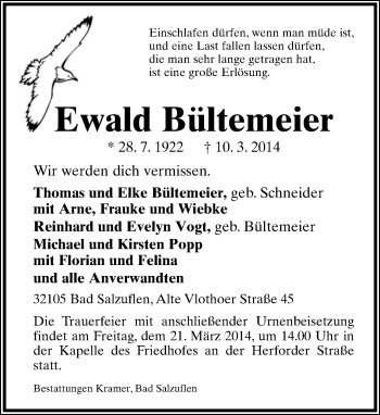 Anzeige  Ewald Bültemeier  Lippische Landes-Zeitung