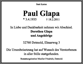 Anzeige  Paul Glapa  Lippische Landes-Zeitung