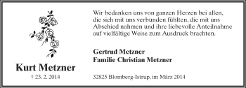 Anzeige  Kurt Metzner  Lippische Landes-Zeitung