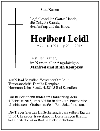 Anzeige  Heribert Leidl  Lippische Landes-Zeitung