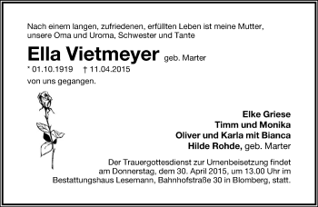Anzeige  Ella Vietmeyer  Lippische Landes-Zeitung