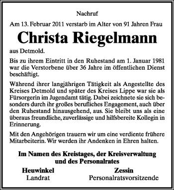 Anzeige  Christa Riegelmann  Lippische Landes-Zeitung