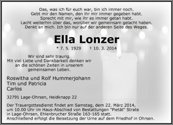 Anzeige  Ella Lonzer  Lippische Landes-Zeitung
