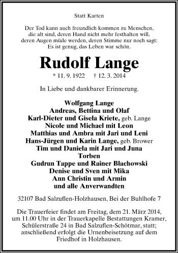 Anzeige  Rudolf Lange  Lippische Landes-Zeitung