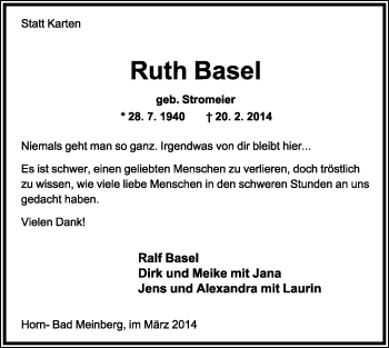 Anzeige  Ruth Basel  Lippische Landes-Zeitung