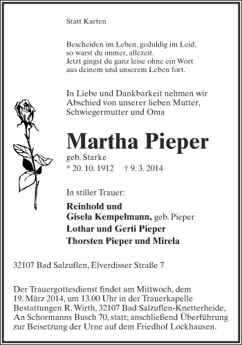 Anzeige  Martha Pieper  Lippische Landes-Zeitung