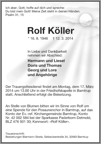 Anzeige  Rolf Köller  Lippische Landes-Zeitung
