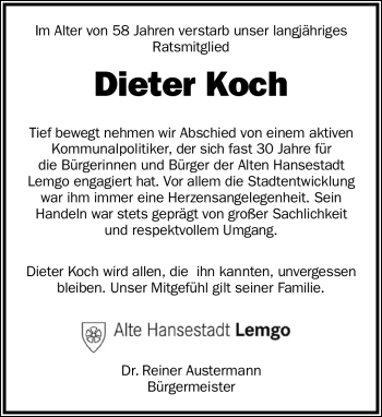 Anzeige  Dieter Koch  Lippische Landes-Zeitung