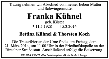 Anzeige  Franka Kühnel  Lippische Landes-Zeitung