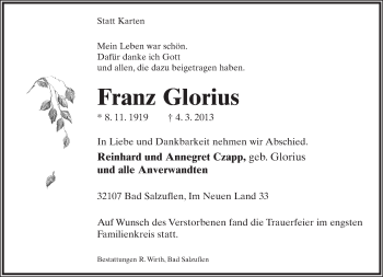 Anzeige  Franz Glorius  Lippische Landes-Zeitung