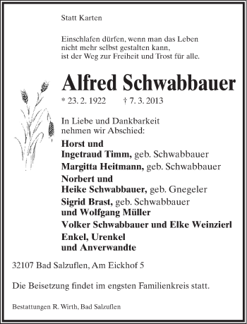 Anzeige  Alfred Schwabbauer  Lippische Landes-Zeitung