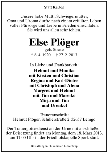 Anzeige  Else Plöger  Lippische Landes-Zeitung