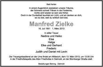 Anzeige  Manfred Zielke  Lippische Landes-Zeitung