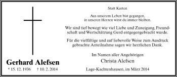 Anzeige  Gerhard Alefsen  Lippische Landes-Zeitung