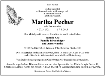 Anzeige  Martha Pecher  Lippische Landes-Zeitung