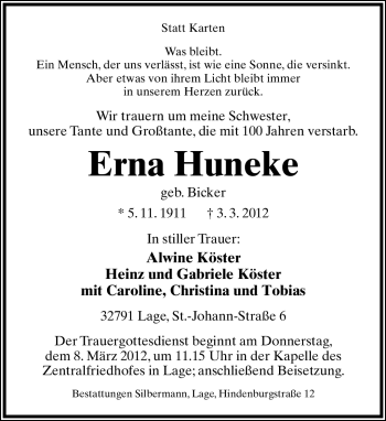 Anzeige  Erna Huneke  Lippische Landes-Zeitung