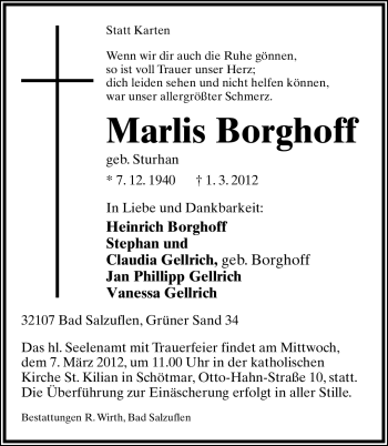 Anzeige  Marlis Borghoff  Lippische Landes-Zeitung