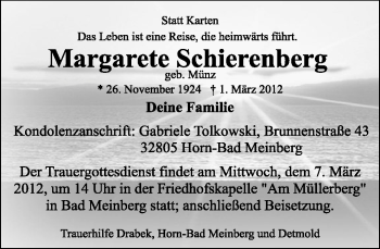 Anzeige  Margarete Schierenberg  Lippische Landes-Zeitung