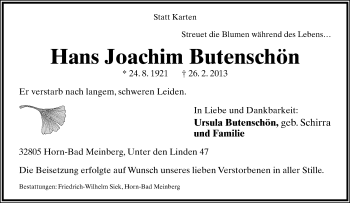 Anzeige  Hans Joachim Butenschön  Lippische Landes-Zeitung