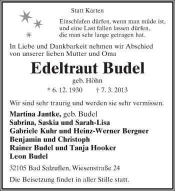 Anzeige  Edeltraud Budel  Lippische Landes-Zeitung