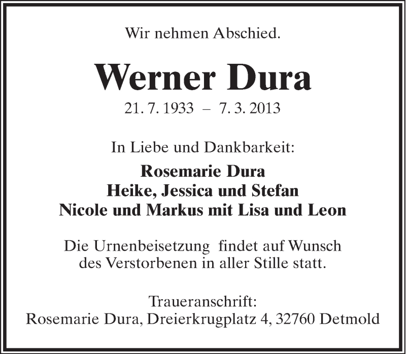  Traueranzeige für Werner Dura vom 09.03.2013 aus Lippische Landes-Zeitung