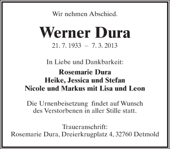 Anzeige  Werner Dura  Lippische Landes-Zeitung