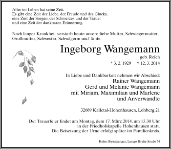 Anzeige  Ingeborg Wangemann  Lippische Landes-Zeitung