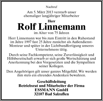 Anzeige  Rolf Linnemann  Lippische Landes-Zeitung