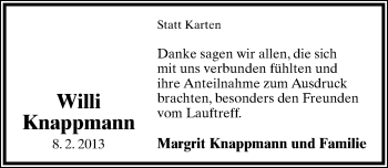 Anzeige  Willi Knappmann  Lippische Landes-Zeitung