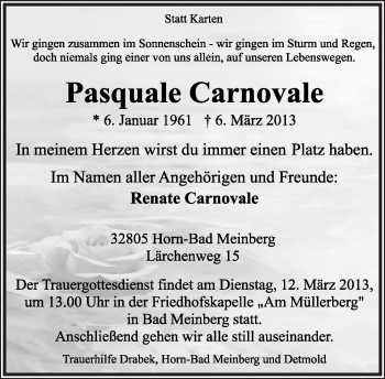 Anzeige  Pasquale Carnovale  Lippische Landes-Zeitung