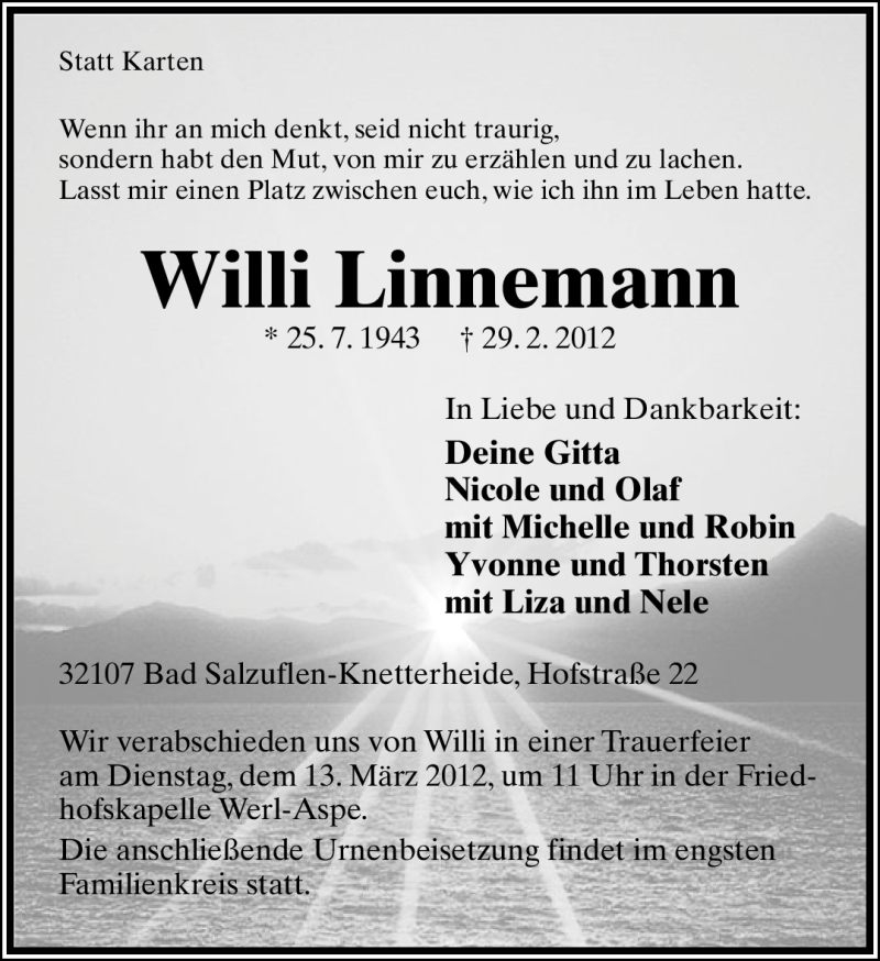  Traueranzeige für Willi Linnemann vom 07.03.2012 aus Lippische Landes-Zeitung