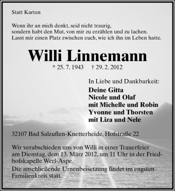 Anzeige  Willi Linnemann  Lippische Landes-Zeitung