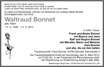 Anzeige  Waltraud Bonnet  Lippische Landes-Zeitung