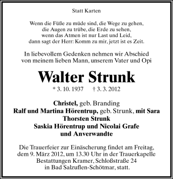 Anzeige  Walter Strunk  Lippische Landes-Zeitung