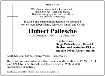 Anzeige  Hubert Pallesche  Lippische Landes-Zeitung
