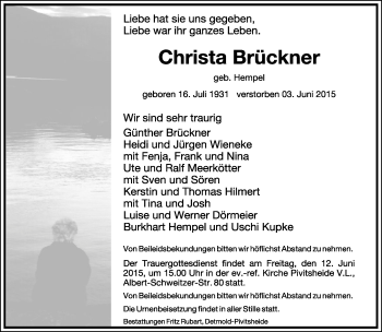 Anzeige  Christa Brückner  Lippische Landes-Zeitung