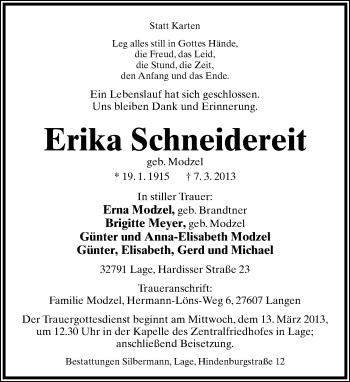 Anzeige  Erika Schneidereit  Lippische Landes-Zeitung