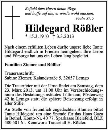 Anzeige  Hildegard Rößler  Lippische Landes-Zeitung