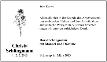 Anzeige  Christa Schlingmann  Lippische Landes-Zeitung
