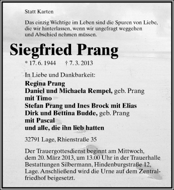 Anzeige  Siegfried Prang  Lippische Landes-Zeitung