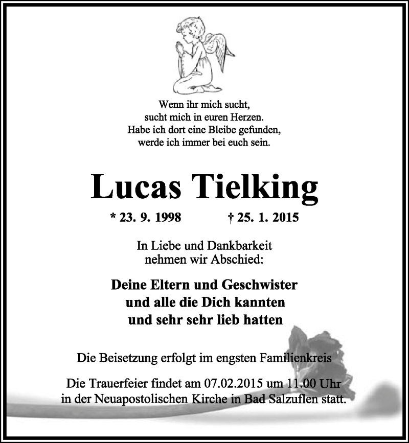  Traueranzeige für Lucas Tielking vom 30.01.2015 aus Lippische Landes-Zeitung