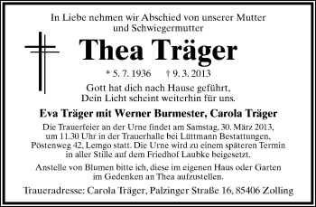 Anzeige  Thea Träger  Lippische Landes-Zeitung