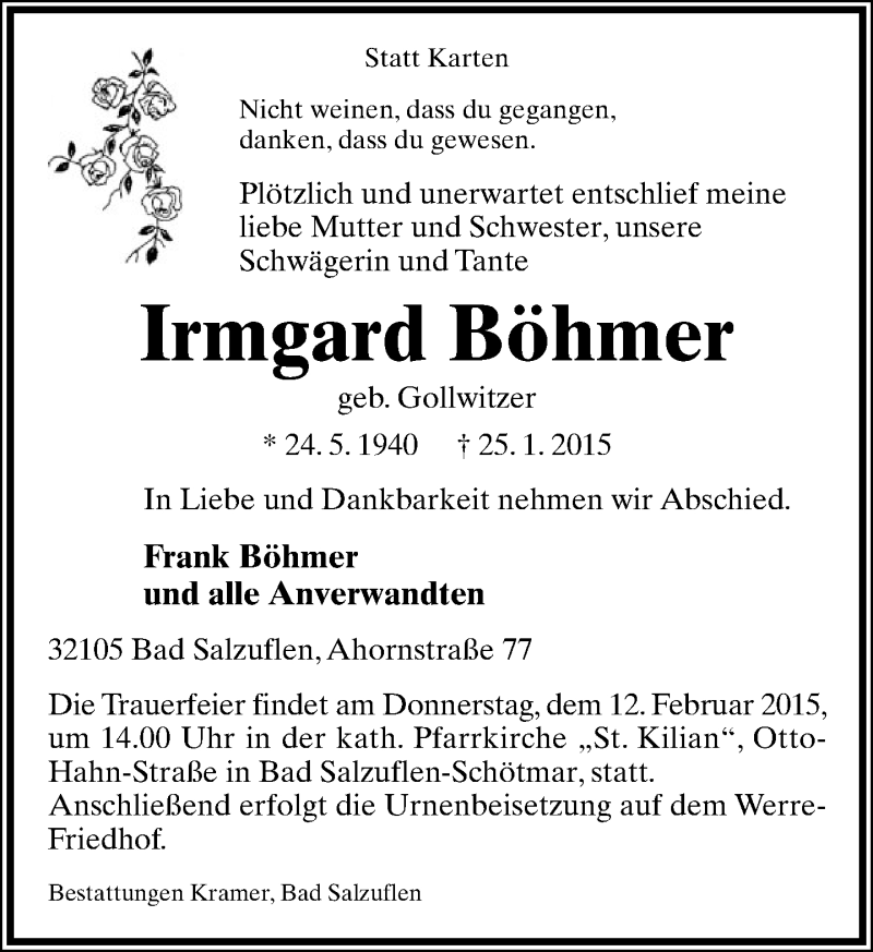  Traueranzeige für Irmgard Böhmer vom 31.01.2015 aus Lippische Landes-Zeitung