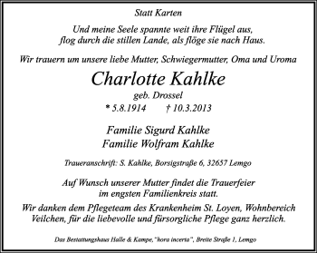 Anzeige  Charlotte Kahlke  Lippische Landes-Zeitung