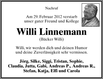 Anzeige  Willi Linnemann  Lippische Landes-Zeitung