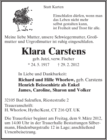 Anzeige  Klara Carstens  Lippische Landes-Zeitung