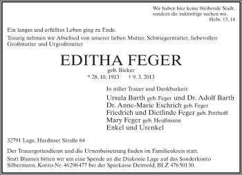 Anzeige  Editha Feger  Lippische Landes-Zeitung